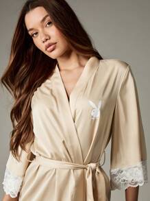 Missguided x Playboy Christmas Satin Robe With Lace Trim And Waist Belt - Apricot - View 5