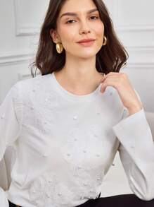 Miaspire 女士圆领长袖 T 恤，优雅设计，饰有串珠和 3D 花卉元素，秋冬 - 白色 - 查看 7