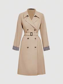 SHEIN MOD Manteau mi-long à revers à carreaux, manteau trench croisé, style universitaire, tenue occidentale pour femmes, style années 2000, retour à l'école, tenues d'enseignante pour femmes, vêtements scolaires, retour à l'école, enseignante, vintage, tenues de campagne pour femmes en automne/hiver - Kaki - Voir 5