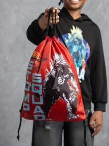GODZILLAxKONG X SHEIN 1 件卡通字母图案抽绳背包、健身包、帆布背包、休闲包、旅行包、运动沙滩包、男女通用 - 紅色 - 查看 4