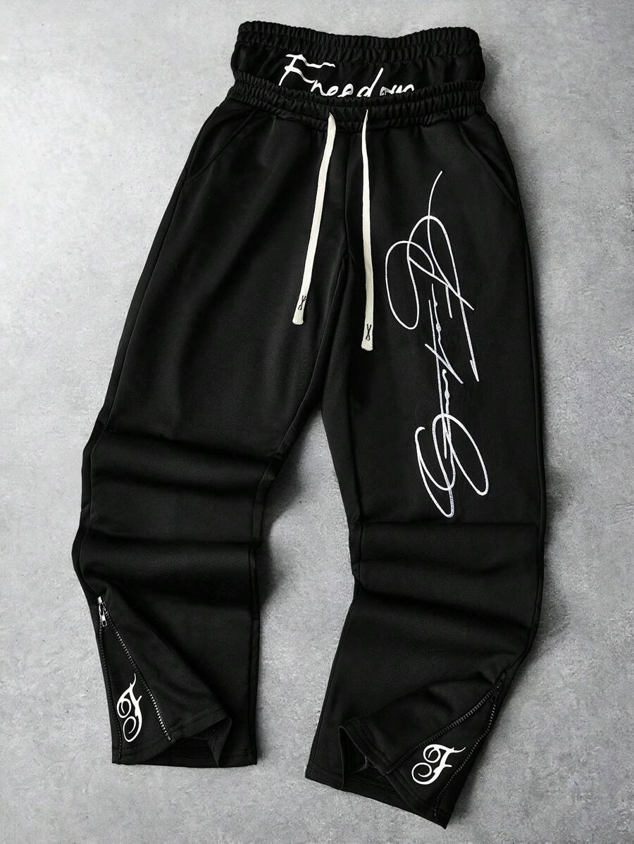 PAVTROS 男士街头风格流行 INS 搭配二合一腰带，拉链裤脚，自由刺绣，适合户外音乐节、夜总会、男朋友/丈夫礼物、周年纪念礼物、黑色运动裤，2000 年代风格 - 黑色 - 查看 1