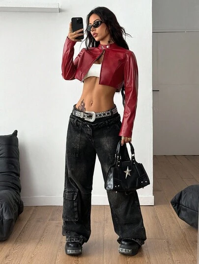 Coolane Women's Fall/Winter Streetwear Rave Hippie Athleisure Y2K Basic Leather Comfortable Zip Up Burgundy Slim Fit Crop Long Sleeve Jacket,