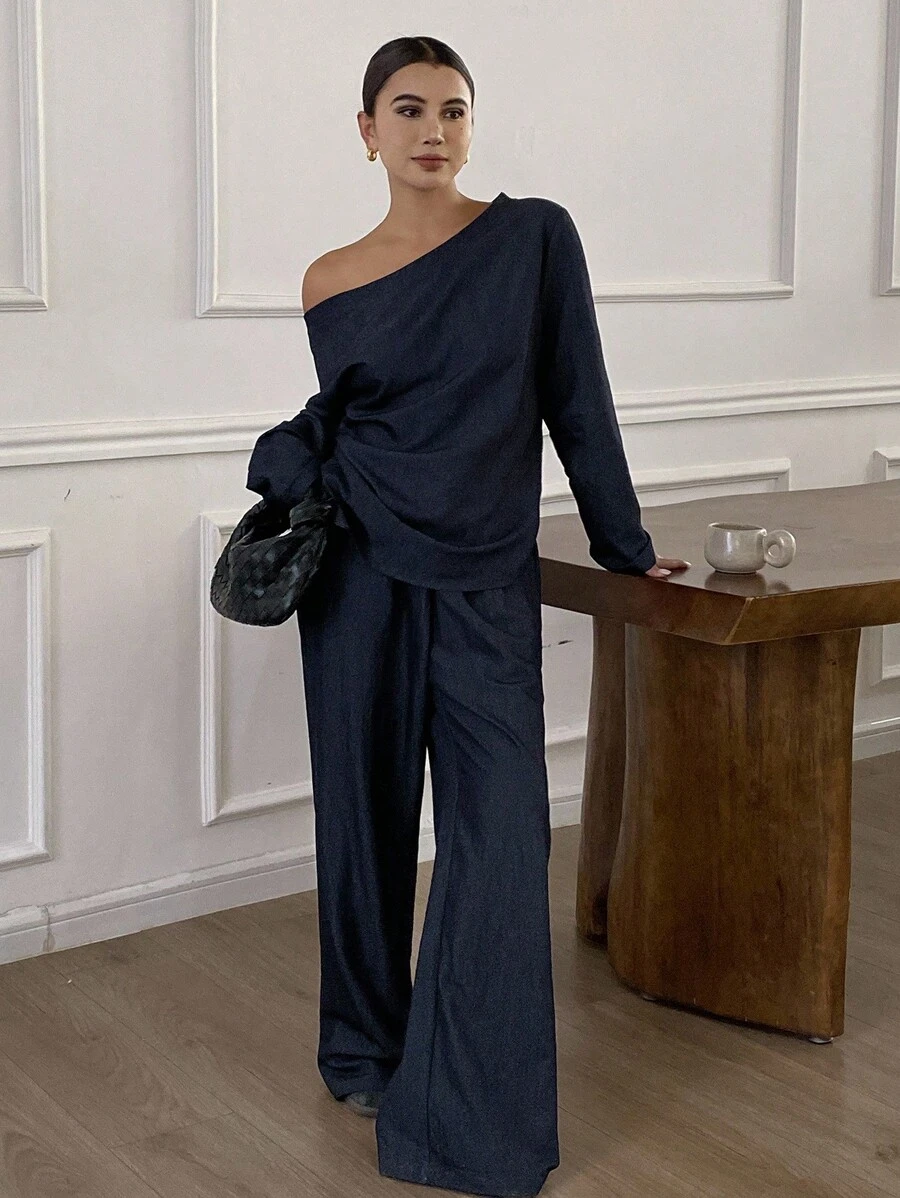 DAZY 2pcs Women Off Shoulder Long Sleeve Top And Loose Pants Set