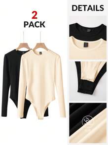 SHEIN BASICS Bộ 2 bộ đồ liền thân dệt kim cổ tròn tay dài màu trơn đơn giản dành cho nữ - Nhiều màu - Xem 3