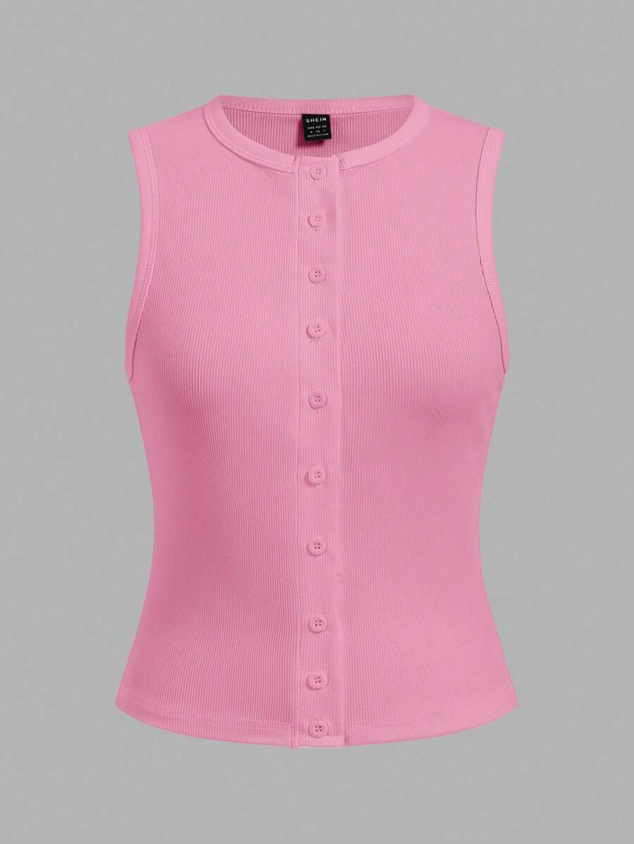 SHEIN BASICS 女士休闲纯色针织圆领无袖修身开襟上衣 - 粉色 - 查看 1