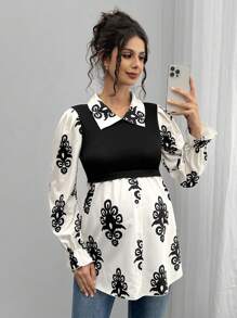 Momance Fashionable Casual Printed Patchwork Vintage Patchwork Collar Maternity Shirt