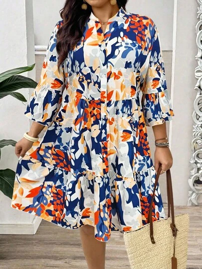 EMERY ROSE Plus Size Women's Floral Print Casual Vacation 3/4 Sleeve Button Front Collared Ruffle Hem Dress