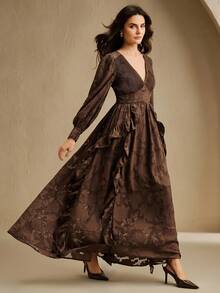 Anewsta New Stylish Design V-Neck Floral Ruffle Hem Maxi Dress, Slimming - Coffee - View 4