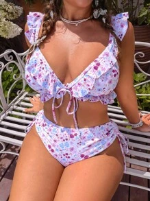 Swim Mod Plus Size 2pcs Women Summer Floral Random Print Ruffle Tie Waist Cute Bikini Set Set - Multicolor - View 1