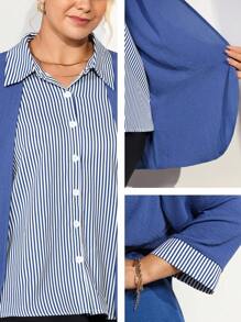Momelise 大码条纹拼布长袖开衫，纽扣长袖二合一衬衫上衣，秋冬