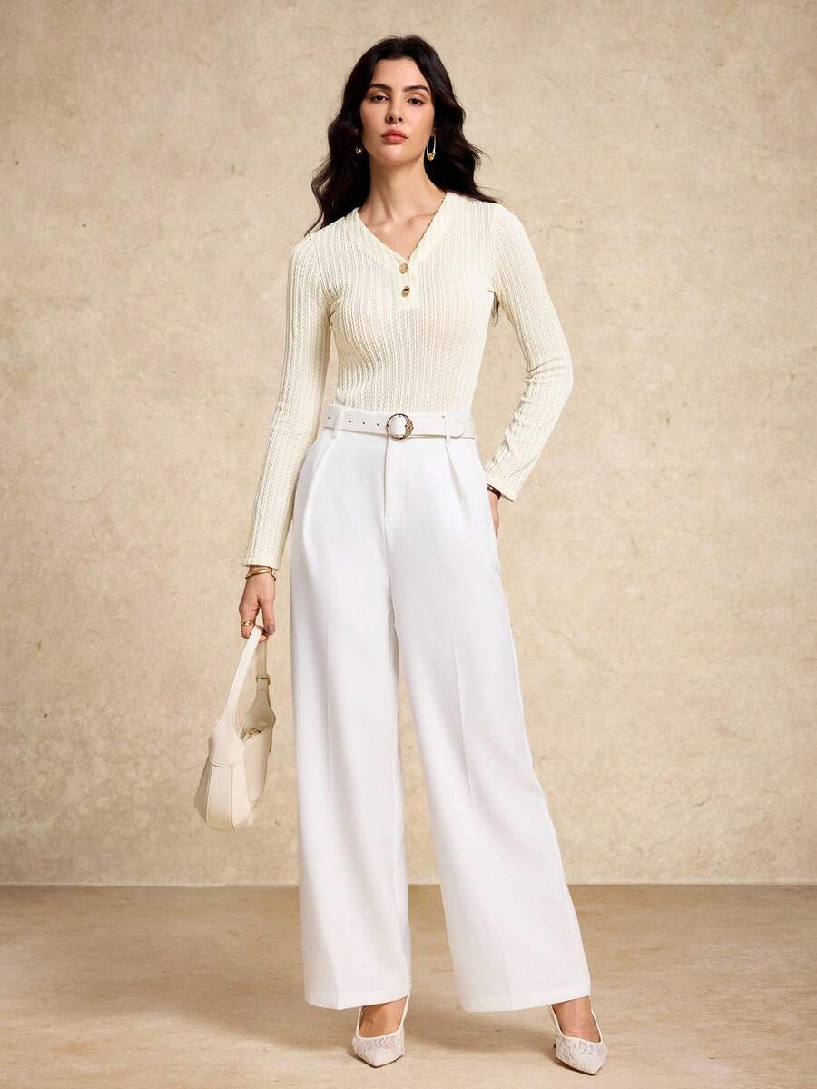 House of One Jacquard Knitted Stripes Round Neck Long Sleeves Top With Metal Buttons Women Elegant Casual Whites For Women Cream Women