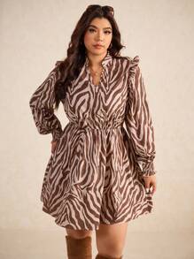 Elaquor 大码女式斑马纹V领长袖时尚连衣裙 - 彩色 - 查看 6