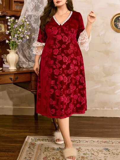 Côtesoire Plus Size Elegant French Lace Velvet Jacquard Nightgown Floral Velvet Dress, Vintage Velvet Dress, Fall Winter, Cozy