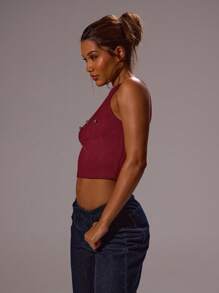 MUSERA 修身金属胸饰细节修身背心，适合假日、节日、锐舞、颓废风、酷女孩、Y2K风格、优雅假日派对、夏季和春季穿着。 - 酒紅色 - 查看 3