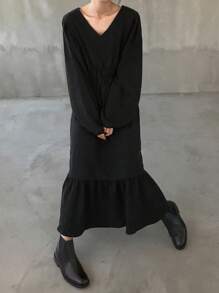 FRIFUL 女士纯色灯笼袖系带荷叶边下摆连衣裙 - 黑色 - 查看 6