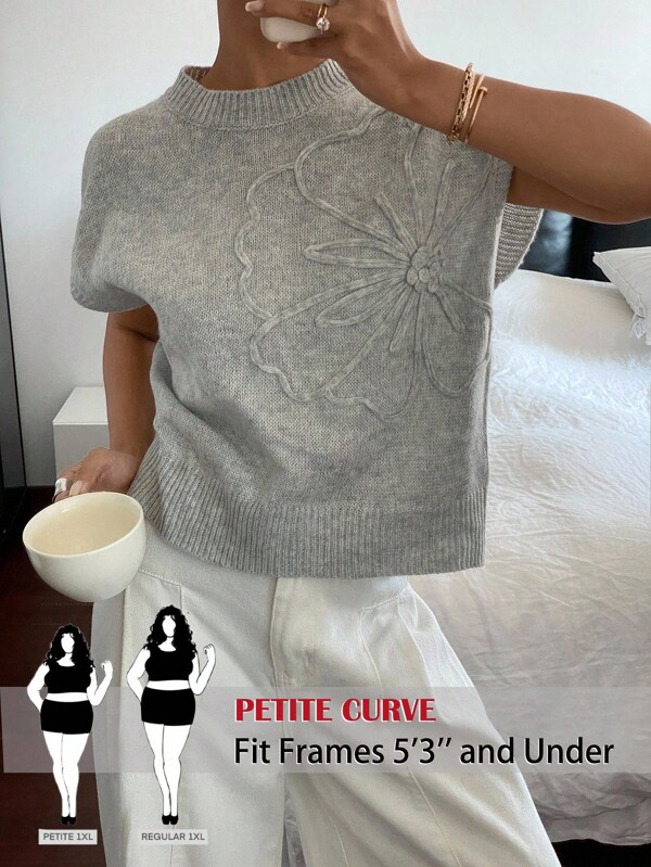SHEIN PETITE CURVE Plus Size Women's Solid Color Knitted Casual Sweater, Simple & Fashionable, Everyday Wear,Women's Solid Gray Handmade Patterned Floral Knit Top, Casual Sweater,Can Be Worn Outside/Inside,For Daily Wear, Suitable For Autumn And Winter
