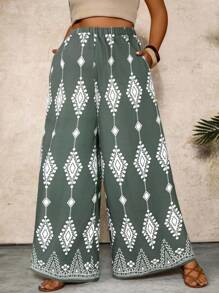 SHEIN VCAY Grüne bedruckte Weite Hose mit Taschen in Große Größen, Boho-Stil Urlaubshose für Frauen, Weite Sommerhose, Bedruckte Weite Hose, Weite Baggy Hose, Weite Hose für Frauen, Strandmode Frauen, Ibiza - Grün - Übersicht 1