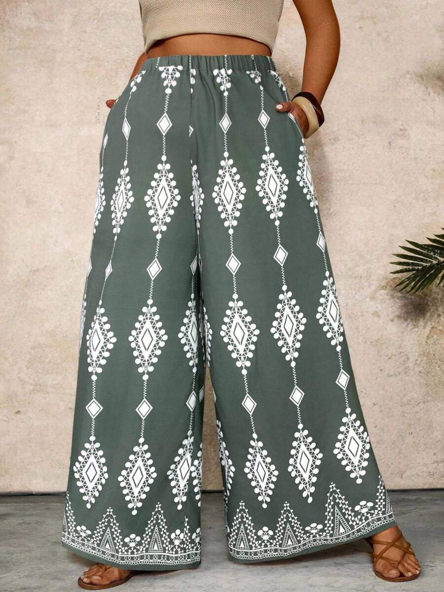 SHEIN VCAY Grüne bedruckte Weite Hose mit Taschen in Große Größen, Boho-Stil Urlaubshose für Frauen, Weite Sommerhose, Bedruckte Weite Hose, Weite Baggy Hose, Weite Hose für Frauen, Strandmode Frauen, Ibiza - Grün - Übersicht 1
