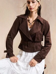 Easelle Cowgirl Women's Western Vintage Bohemia Dark Brown Woven Women's Lapel NeckLong Sleeve Double-Breasted Casual Trench Coat Fall Winter Clothes Women, - Coffee Brown - View 7