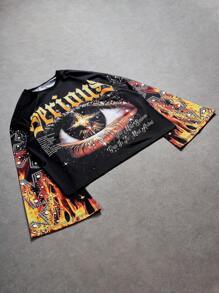 Manfinity EMRG 复古做旧眼睛图案喇叭超大连帽衫，黑橙色，男式图案衬衫，男式火焰衬衫，男式短款图案衬衫，眼睛衬衫，眼睛图案T恤，2000年代风格