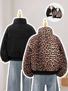 Áo khoác đệm họa tiết da báo đen 2 trong 1 cho bé gái, tối giản, thoải mái và thời trang, kiểu dáng ngắn, phù hợp cho bé gái tiền tuổi thiếu niên - Nhiều màu - Xem 2