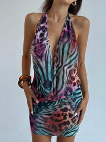 Aloruh 女式性感露背垂坠领斑马纹连衣裙 - 彩色 - 查看 8