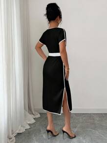 Rafferiza 圆领短袖T恤连衣裙，系腰，修身通勤连衣裙 - 黑色 - 查看 2