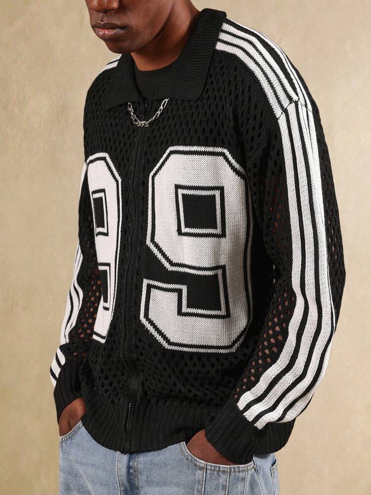 Mesh Knit Cardigan With Varsity Number Design