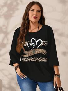 EMERY ROSE Plus Size Women Casual All-Over Print Round Neck Loose 3/4 Sleeve Shirt Fall Clothes Chic Blouses For Women