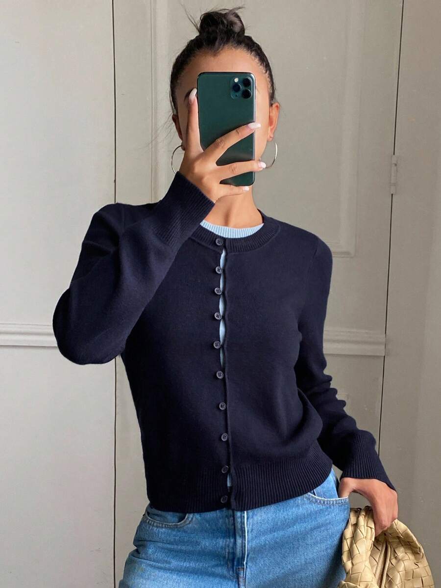 DAZY Áo len dệt kim cổ tròn tay dài 2 trong 1 chắp vá dành cho nữ, mặc dạo phố, mùa thu/đông - Màu xanh hải quân - Xem 1