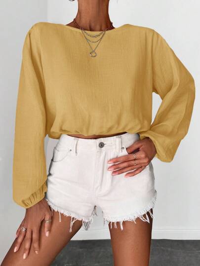 SHEIN Cottnline Solid Lantern Sleeve Blouse