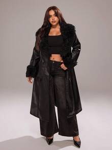 Rustia Plus Size Women Faux Leather Coat With Fur Collar, Long Slim Fit Jacket Winter Fall Autumn