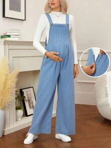 SHEIN Maternity Casual Side Zipper Denim Bib Pants Jumpsuit - Baby Blue - View 1