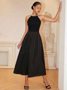 Islaluna A-lijn effen kleur hoge taille rok maxi dames outfit