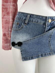 Elamini Quần short denim viền bất đối xứng có túi và nút cho nữ - Màu xanh lam - Xem 4