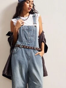 Bohemela 女式休闲宽松口袋设计阔腿牛仔连体裤 - 藍色 - 查看 5