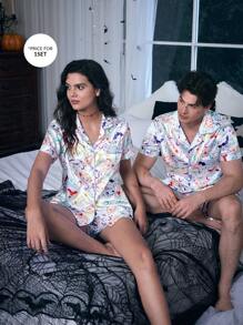 CoupledUp 卡通万圣节元素印花仿丝男士睡衣套装 - 白色 - 查看 1