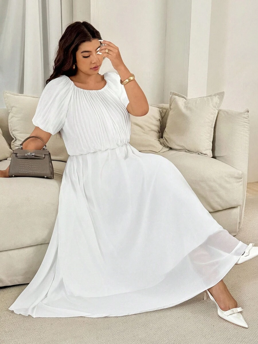 Vionelle Plus Size Women's White Summer Elegant Silky Holiday Chiffon Solid Color Round Neck Pleated Short Sleeve Top,Elastic Waist Flared Long Skirt 2pcs Set - White - View 1