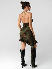 SHEIN ICON 女士优雅挂脖天鹅绒连衣裙 - 彩色 - 查看 2