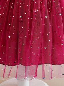 Young Girls Fashion Elegant Burgundy Star Sequin Mesh Tulle Dress, Jewel Neck, Long Sleeve, Bowknot Princess Party Dress, Spring/Autumn Burgundy Velvet Dress For Girls Girls Party Dress Long Sleeve Girls Dress Fall Winter  Princess  Halloween/Christmas Party Dresses For  Vacation  Autumn And Winter