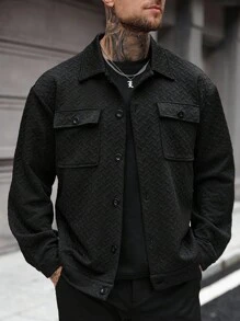 Manfinity CasualCool Men's Jackets, Men's Buttoned Front Long Sleeve Pocket Simple Jacket, Casual Everyday Wear, Men's Jackets, Men's Jackets For Fall Winter Edition, Boyfriend Gifts, Warm Long Sleeve Casual Jackets For Going Out Black Jacket For Men Men Casual Jacket Men Shacket Textured Jacket Men