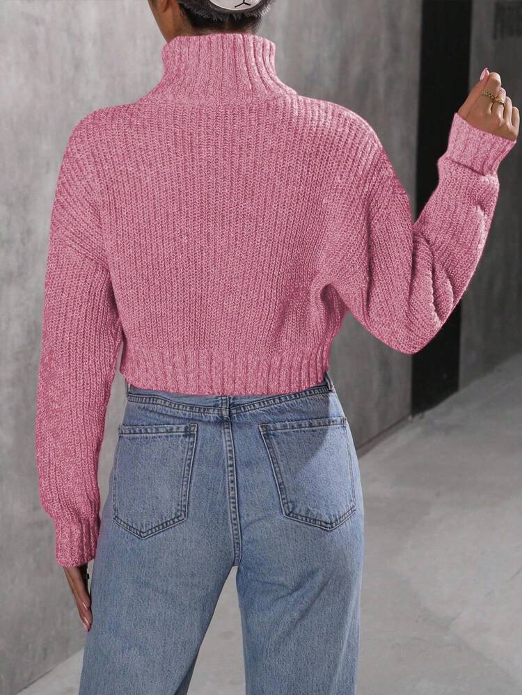 Women's Pink High Neck Dropped Shoulder Long Sleeve Loose Casual Sweater Knit Pullover Fall Winter