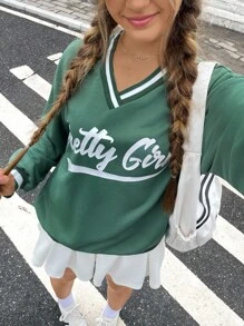 SHEIN Teen Girl's Back To School Green Slogan Print Contrast Ribbed Collar Loose Casual Solid Color Sweatshirt,In Fall/Winter - Green - View 1