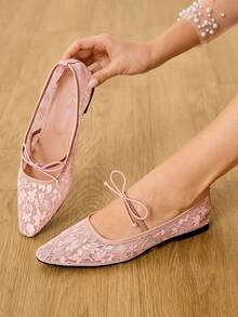 CUCCOO HITCHD Sepatu Mary Jane Jala Gaya Elegan Baru Musim Semi/Gugur 2026 dengan Dekorasi Pita, Warna Solid, Ujung Persegi, Nyaman, Kasual, dan Datar untuk Wanita - Berwarna merah muda - View 4