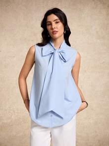 House of One Tie Front Cotton Blend Woven Sleeves Button-Up Shirt Top Women Casual Spring Summer Wear Baby Blue Top Women Bow Top Women Light Blue Top Women Sleeveless Top Blue And White Women