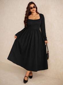 Elaquor 大码女式休闲简约百搭百搭方领针织拼接黑色中长连衣裙，秋季 - 黑色 - 查看 6