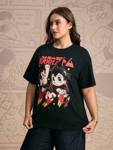 Astro Boy X SHEIN Camiseta holgada de manga caída con estampado de dibujos animados y japonés para mujer de talla grande, casual de verano - Negro - Ver 3