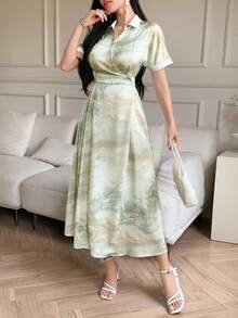 DAZY Vestido de verano de longitud media con estampado de mármol elegante para mujer - Albaricoque - Ver 4