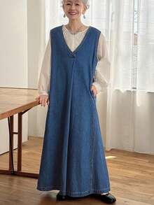 FRIFUL 女式V领口袋无袖宽松休闲牛仔连衣裙 - 藍色 - 查看 2