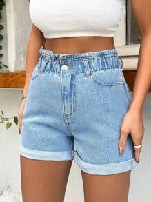 EURMUSE 100%Cotton Rigid, Elastic Band Detailed Shorts - Light Wash - View 7